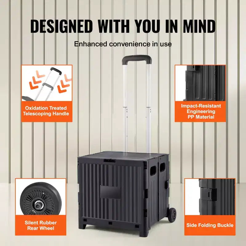 Carro utilitario plegable, capacidad de carga de 36 kg, mango telescópico y 2 ruedas