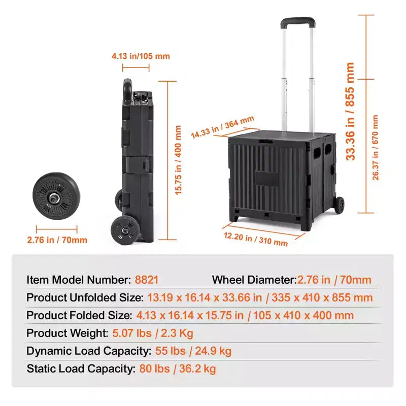 Carro utilitario plegable, capacidad de carga de 36 kg, mango telescópico y 2 ruedas