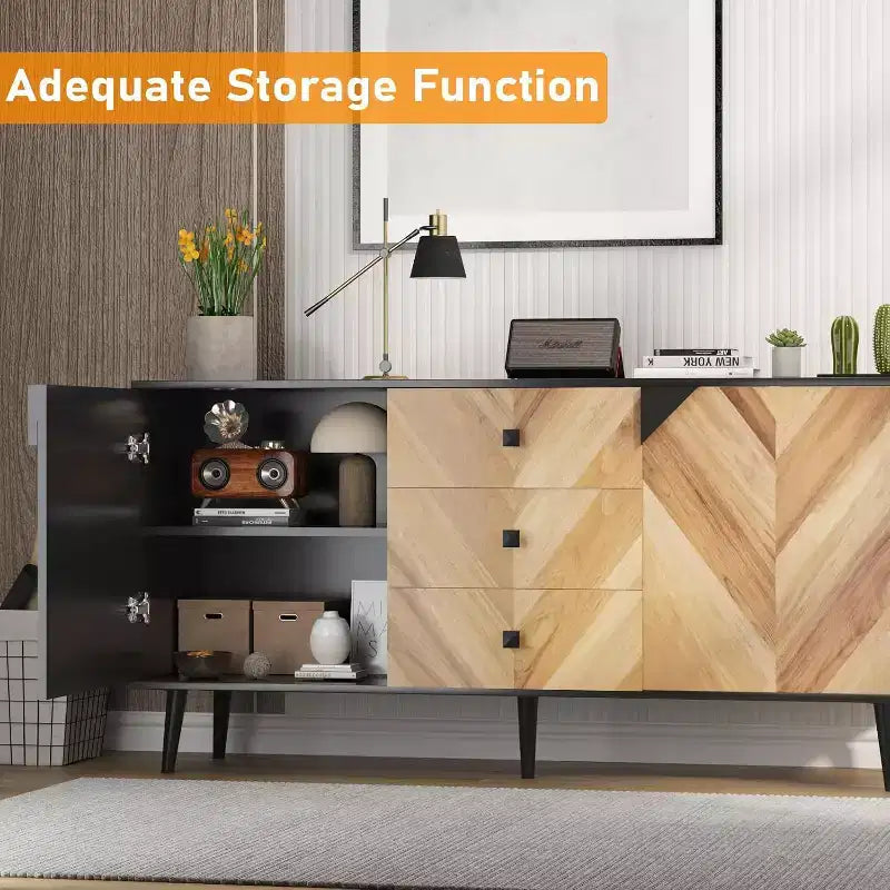 Armario de almacenamiento de madera de 55.1" con 3 cajones, estante ajustable y puertas, aparador moderno para comedor