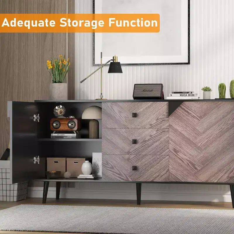 Armario de almacenamiento de madera de 55.1" con 3 cajones, estante ajustable y puertas, aparador moderno para comedor