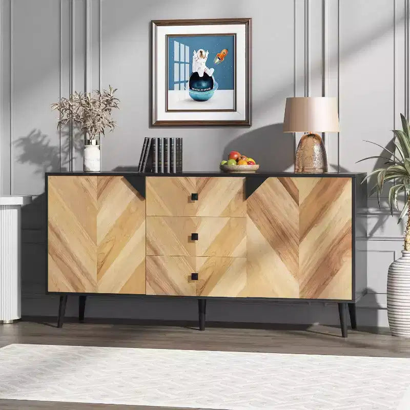 Armario de almacenamiento de madera de 55.1" con 3 cajones, estante ajustable y puertas, aparador moderno para comedor