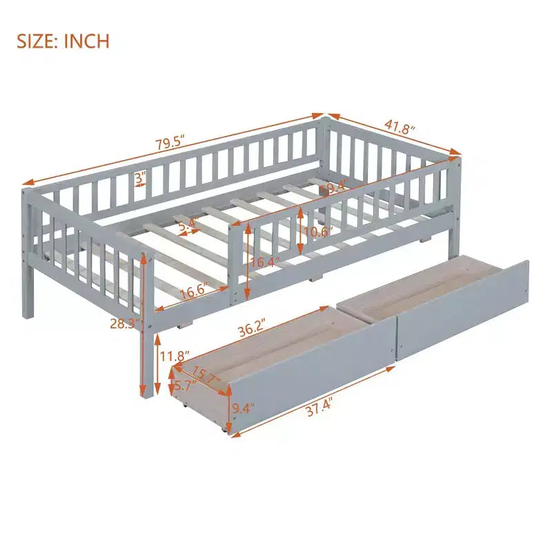 Cama de día individual de madera con dos cajones gris
