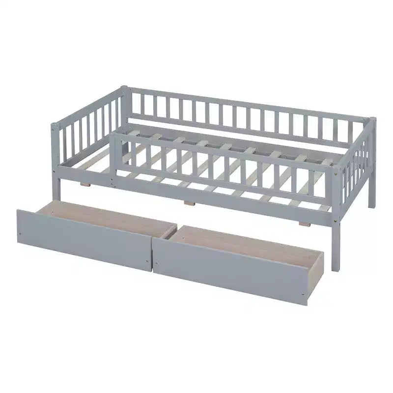 Cama de día individual de madera con dos cajones gris