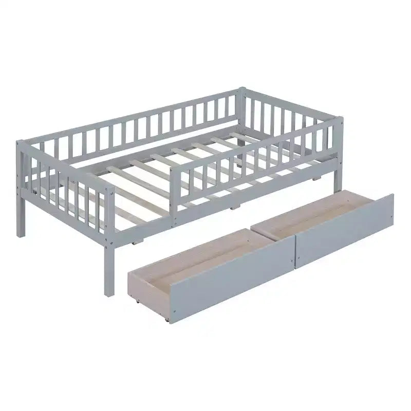 Cama de día individual de madera con dos cajones gris