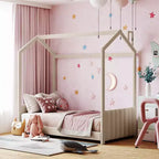 Twin Size Velvet House Bed Wood Bed Beige