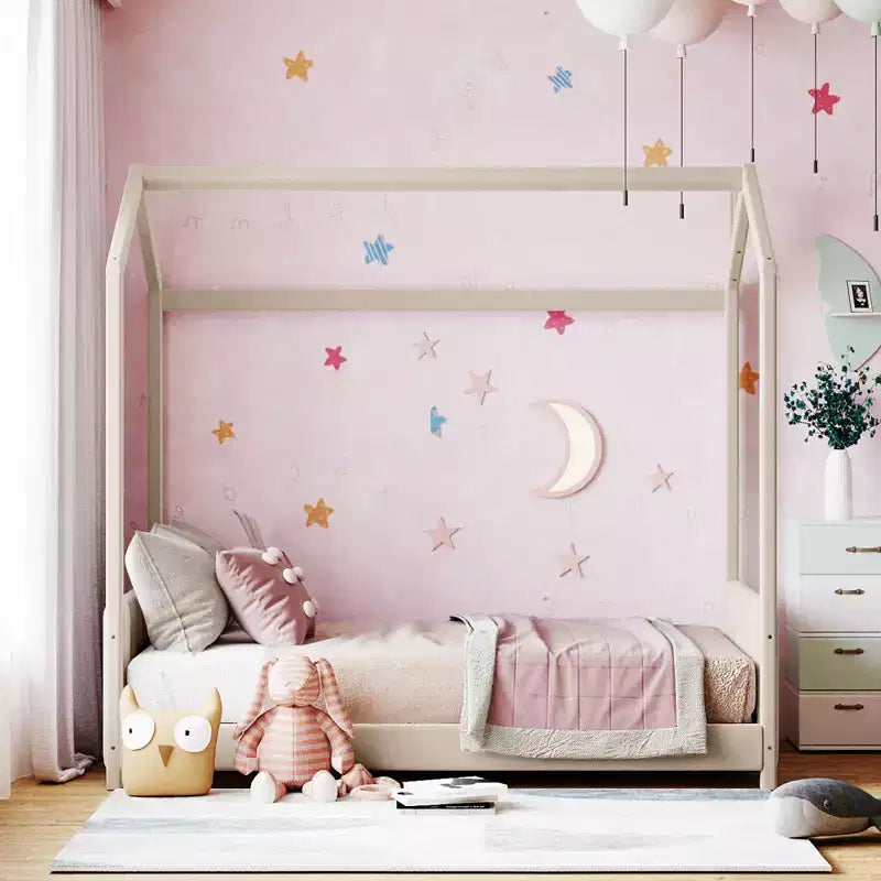 Cama de Casa de Terciopelo con Marco de Madera Tamaño Twin Beige