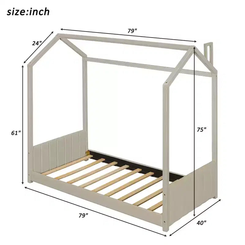 Cama de Casa de Terciopelo con Marco de Madera Tamaño Twin Beige