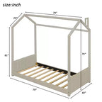 Cama de Casa de Terciopelo con Marco de Madera Tamaño Twin Beige