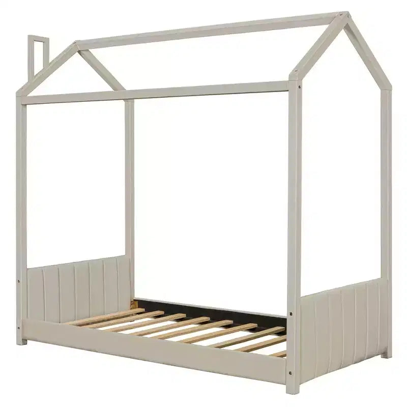 Cama de Casa de Terciopelo con Marco de Madera Tamaño Twin Beige
