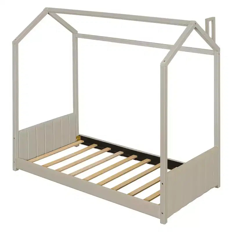 Cama de Casa de Terciopelo con Marco de Madera Tamaño Twin Beige