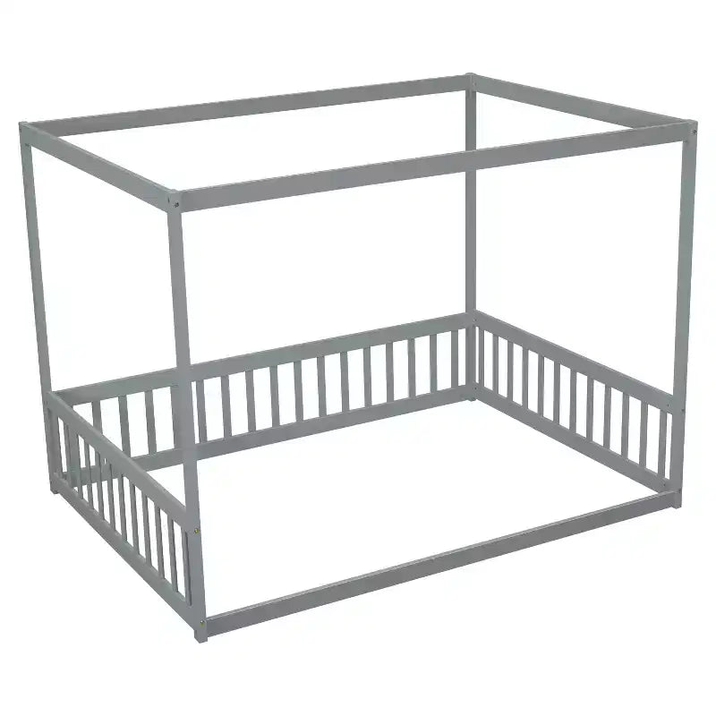 Cama Baja de Madera de Pino con Techo, Barandales y Valla de Seguridad para Niños