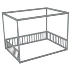 Cama Baja de Madera de Pino con Techo, Barandales y Valla de Seguridad para Niños