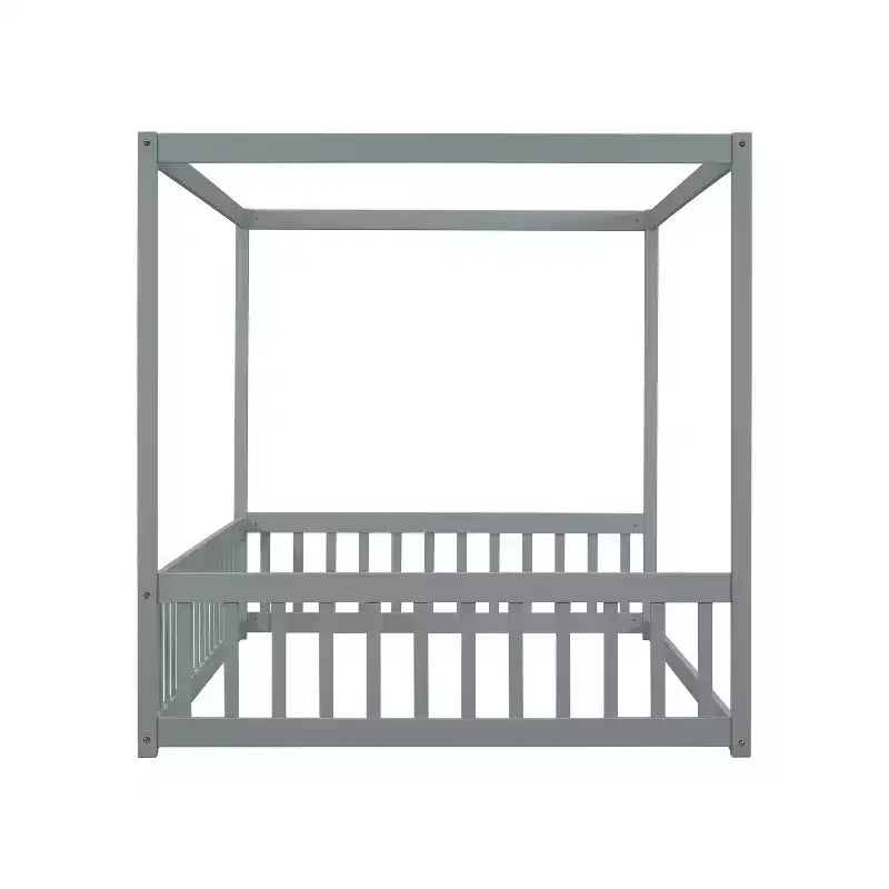Cama Baja de Madera de Pino con Techo, Barandales y Valla de Seguridad para Niños