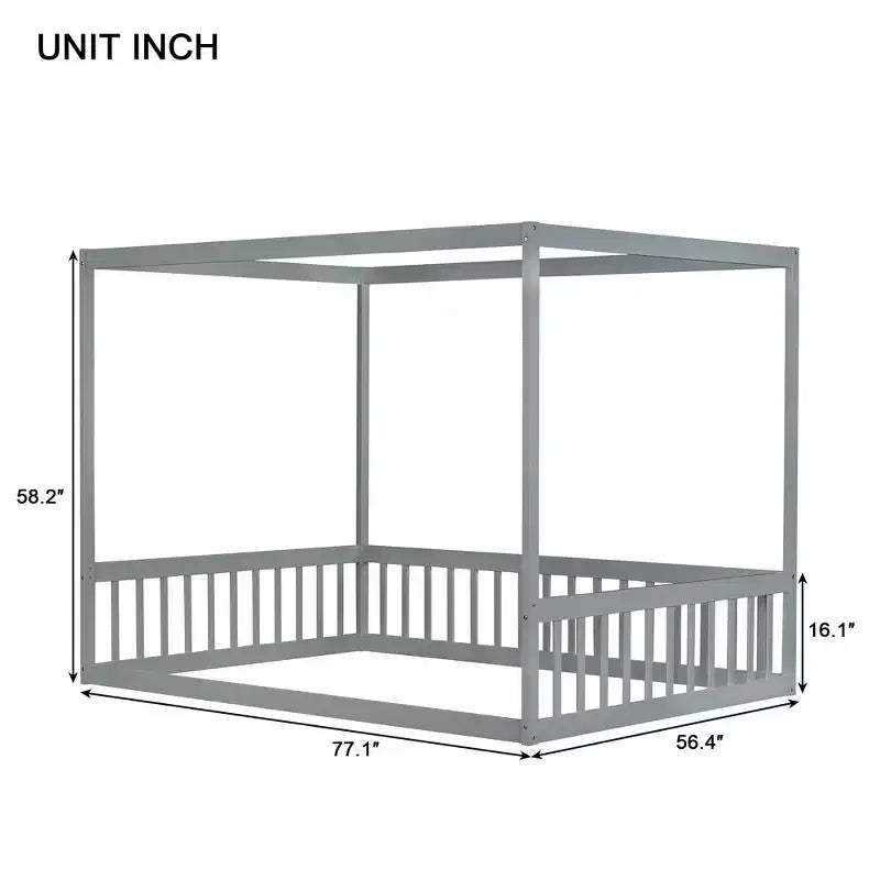 Cama Baja de Madera de Pino con Techo, Barandales y Valla de Seguridad para Niños