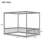 Cama Baja de Madera de Pino con Techo, Barandales y Valla de Seguridad para Niños