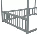 Cama Baja de Madera de Pino con Techo, Barandales y Valla de Seguridad para Niños