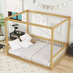 Cama Baja de Madera de Pino con Techo, Barandales y Valla de Seguridad para Niños