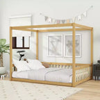 Cama Baja de Madera de Pino con Techo, Barandales y Valla de Seguridad para Niños