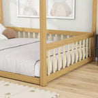Cama Baja de Madera de Pino con Techo, Barandales y Valla de Seguridad para Niños