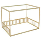 Cama Baja de Madera de Pino con Techo, Barandales y Valla de Seguridad para Niños