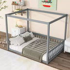 Cama Baja de Madera de Pino con Techo, Barandales y Valla de Seguridad para Niños