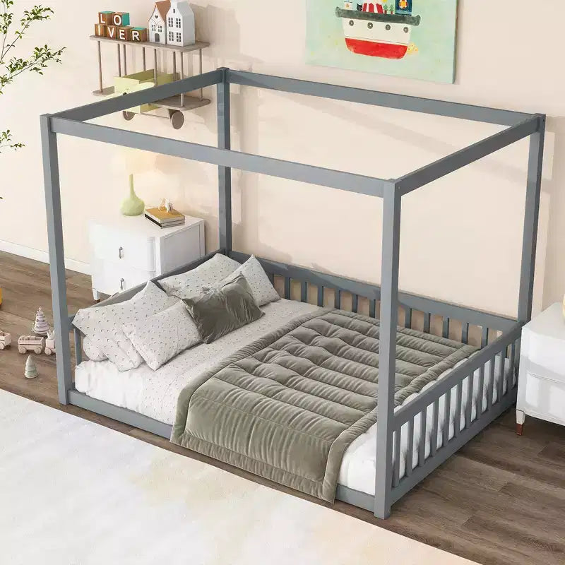 Cama Baja de Madera de Pino con Techo, Barandales y Valla de Seguridad para Niños