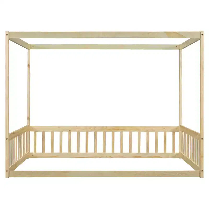 Cama Baja de Madera de Pino con Techo, Barandales y Valla de Seguridad para Niños