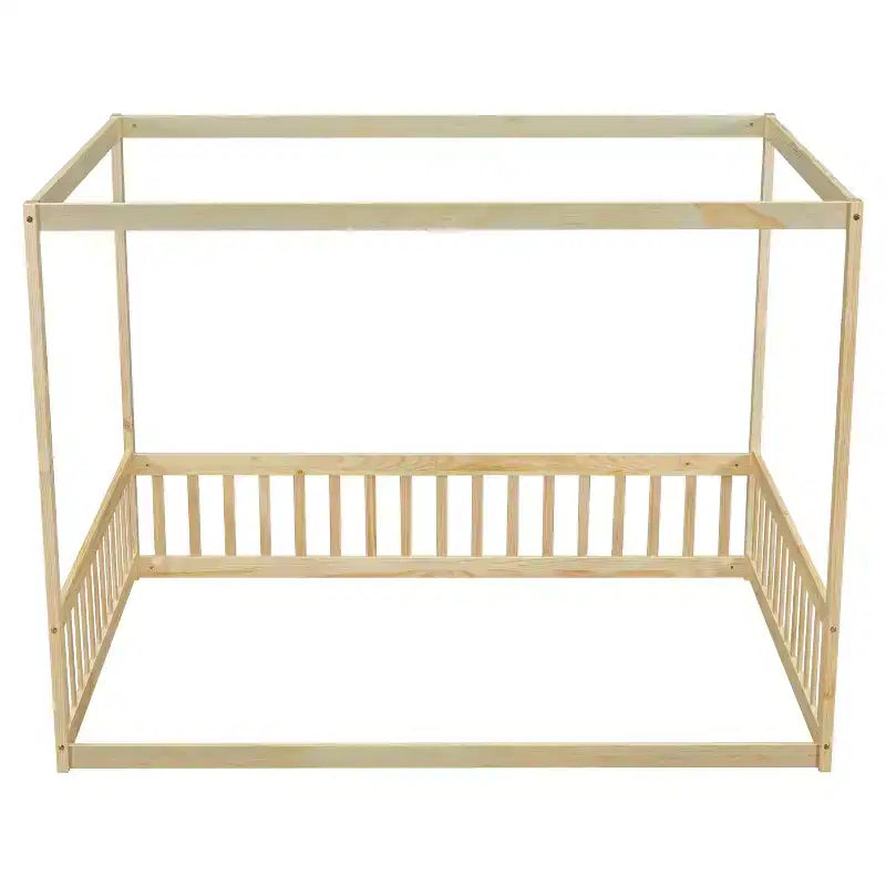 Cama Baja de Madera de Pino con Techo, Barandales y Valla de Seguridad para Niños