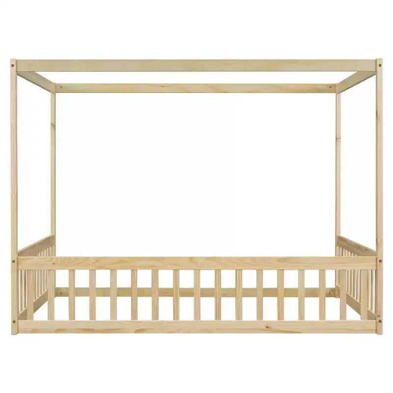 Cama Baja de Madera de Pino con Techo, Barandales y Valla de Seguridad para Niños