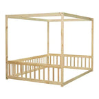 Cama Baja de Madera de Pino con Techo, Barandales y Valla de Seguridad para Niños