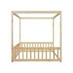Cama Baja de Madera de Pino con Techo, Barandales y Valla de Seguridad para Niños