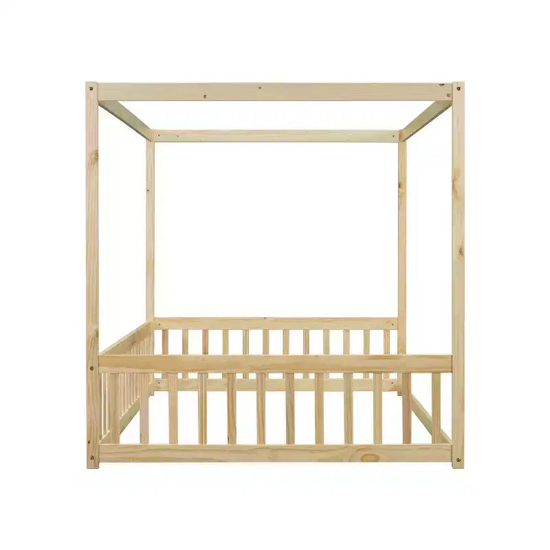 Cama Baja de Madera de Pino con Techo, Barandales y Valla de Seguridad para Niños