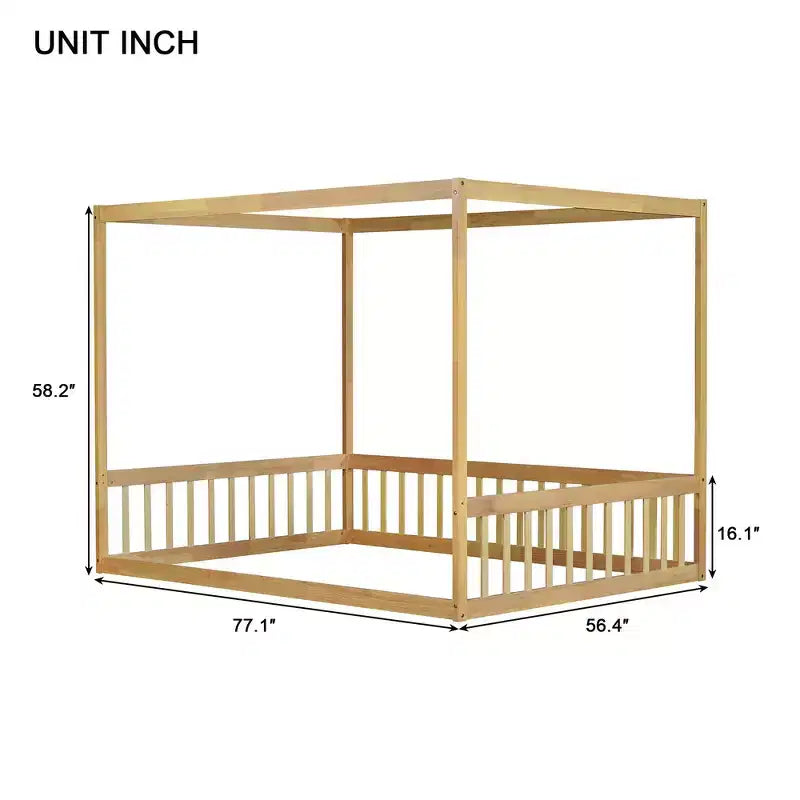 Cama Baja de Madera de Pino con Techo, Barandales y Valla de Seguridad para Niños