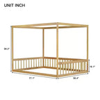 Cama Baja de Madera de Pino con Techo, Barandales y Valla de Seguridad para Niños