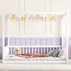 Cama Baja de Madera de Pino con Techo, Barandales y Valla de Seguridad para Niños