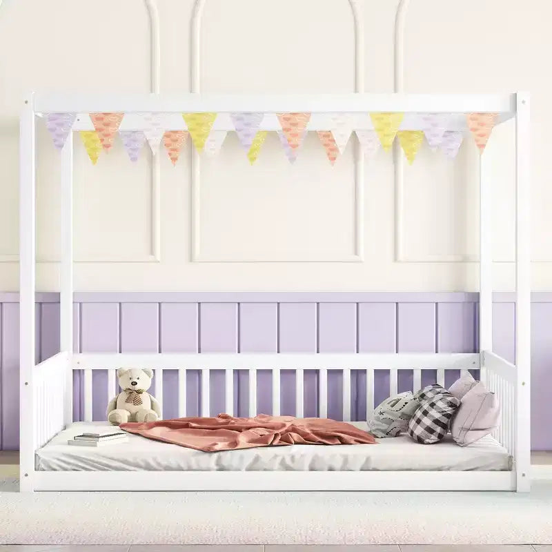Cama Baja de Madera de Pino con Techo, Barandales y Valla de Seguridad para Niños