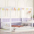 Cama Baja de Madera de Pino con Techo, Barandales y Valla de Seguridad para Niños