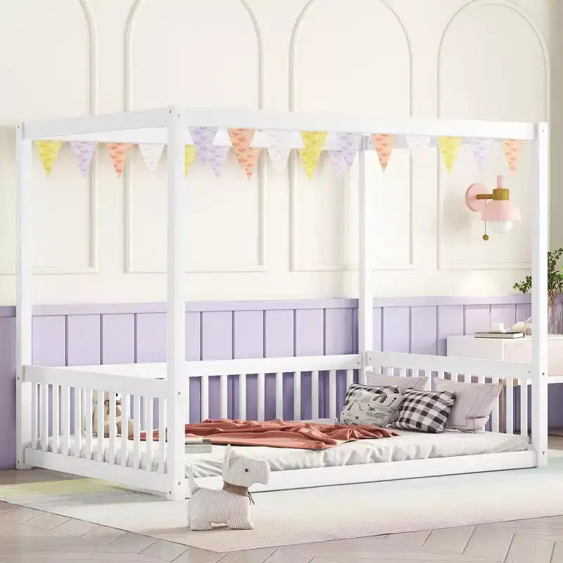 Cama Baja de Madera de Pino con Techo, Barandales y Valla de Seguridad para Niños