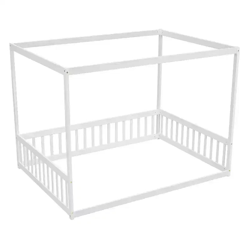 Cama Baja de Madera de Pino con Techo, Barandales y Valla de Seguridad para Niños
