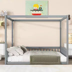 Cama Baja de Madera de Pino con Techo, Barandales y Valla de Seguridad para Niños