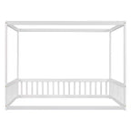 Cama Baja de Madera de Pino con Techo, Barandales y Valla de Seguridad para Niños