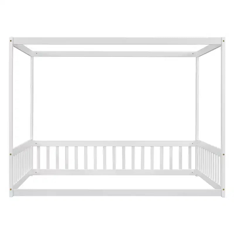 Cama Baja de Madera de Pino con Techo, Barandales y Valla de Seguridad para Niños