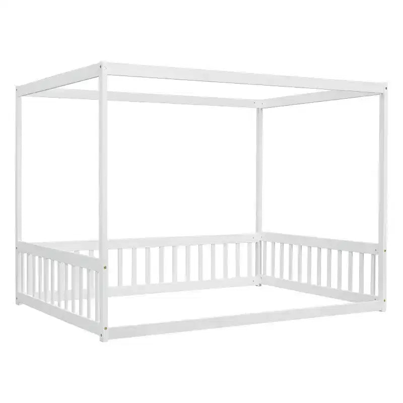 Cama Baja de Madera de Pino con Techo, Barandales y Valla de Seguridad para Niños
