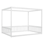 Cama Baja de Madera de Pino con Techo, Barandales y Valla de Seguridad para Niños