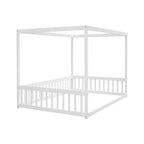Cama Baja de Madera de Pino con Techo, Barandales y Valla de Seguridad para Niños