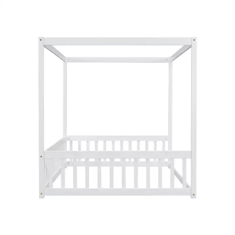 Cama Baja de Madera de Pino con Techo, Barandales y Valla de Seguridad para Niños