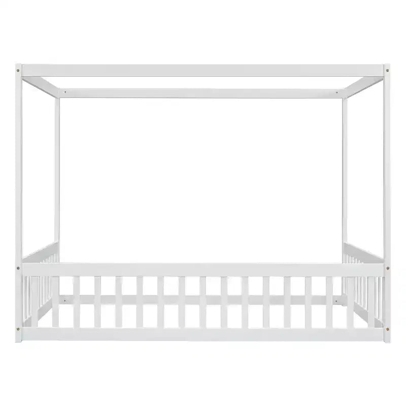 Cama Baja de Madera de Pino con Techo, Barandales y Valla de Seguridad para Niños
