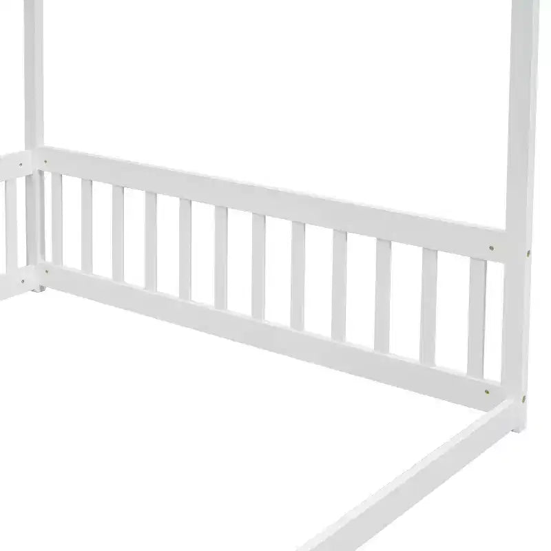 Cama Baja de Madera de Pino con Techo, Barandales y Valla de Seguridad para Niños