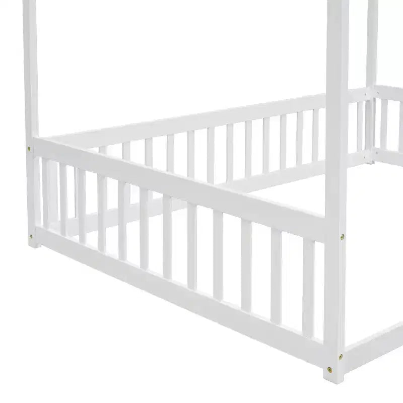 Cama Baja de Madera de Pino con Techo, Barandales y Valla de Seguridad para Niños