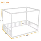 Cama Baja de Madera de Pino con Techo, Barandales y Valla de Seguridad para Niños